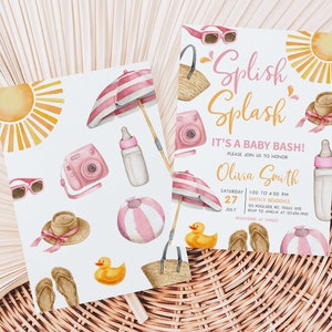 Editable Splish Splash Baby Bash Baby Shower Invitation, Pink Beach ...