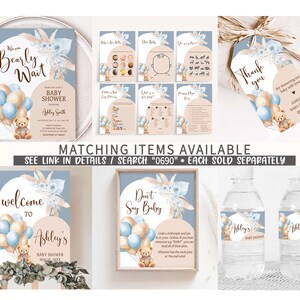 Editable Bear Baby Shower Favor Tag, We Can Bearly Wait Boho Baby Shower Gift Tag, Blue Balloon Arch Boy Baby Shower Thank You Tags, 0690 image 2
