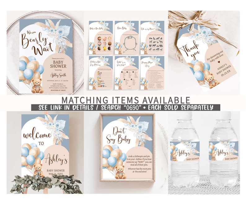 Editable Bear Baby Shower Favor Tag, We Can Bearly Wait Boho Baby Shower Gift Tag, Blue Balloon Arch Boy Baby Shower Thank You Tags, 0690 image 2