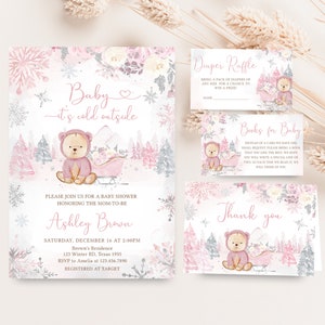 Editable Pink Winter Bear Baby Shower Invitation Bundle, Girl Bear Winter Baby Shower Invite Set, Pink Snowflake Baby It's Cold Outside 0521 image 1