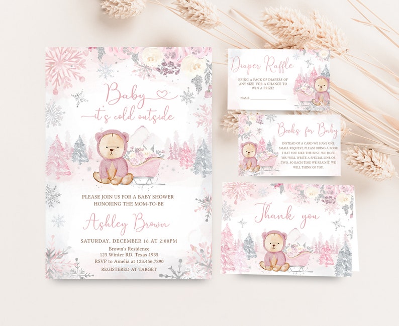 Editable Pink Winter Bear Baby Shower Invitation Bundle, Girl Bear Winter Baby Shower Invite Set, Pink Snowflake Baby It's Cold Outside 0521 image 1