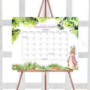 Bearbeitbarer Rosa Peter Kaninchen Babypartykalender Mädchen Rustikaler Häschen-Babyparty-Fälligkeitskalender Frühling Gartenparty Printable Vorlage 0241