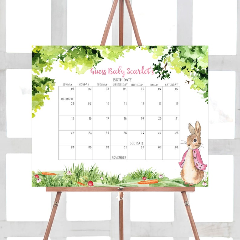 May include: A printable baby shower game with a watercolor background featuring a green leafy border and a bunny rabbit. The game asks guests to guess the baby's birth date. The calendar shows the month of October and the beginning of November.
