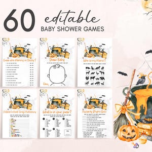 編集可能な「赤ちゃんが生まれてくる」ハロウィンベビーシャワーゲームバンドル、不気味な魔女ベビーシャワーゲームパック、性別を問わないハロウィンベビーゲーム01148