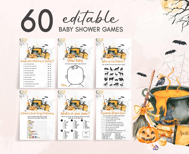 a collection of Halloween-themed baby shower games, including a "Guess Who's Daddy?" game, a "Draw Baby" game, and a "Who is My Mama?" game. The games are designed to be fun and engaging for guests attending a baby shower.