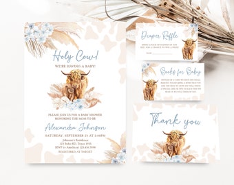 Editable Boho Highland Cow Baby Shower Invitation Bundle, Blue Holy Cow Baby Shower Invite Set, Boy Highland Cow Boho Invitation Pack, 0505