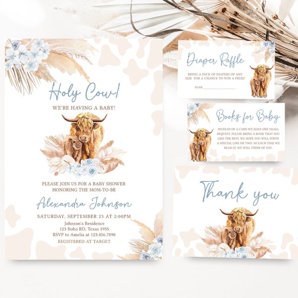 Paquete de invitación editable para baby shower de vaca de las tierras altas de Boho, conjunto de invitación para baby shower de vaca sagrada azul, paquete de invitación boho de vaca de las tierras altas para niños, 0505
