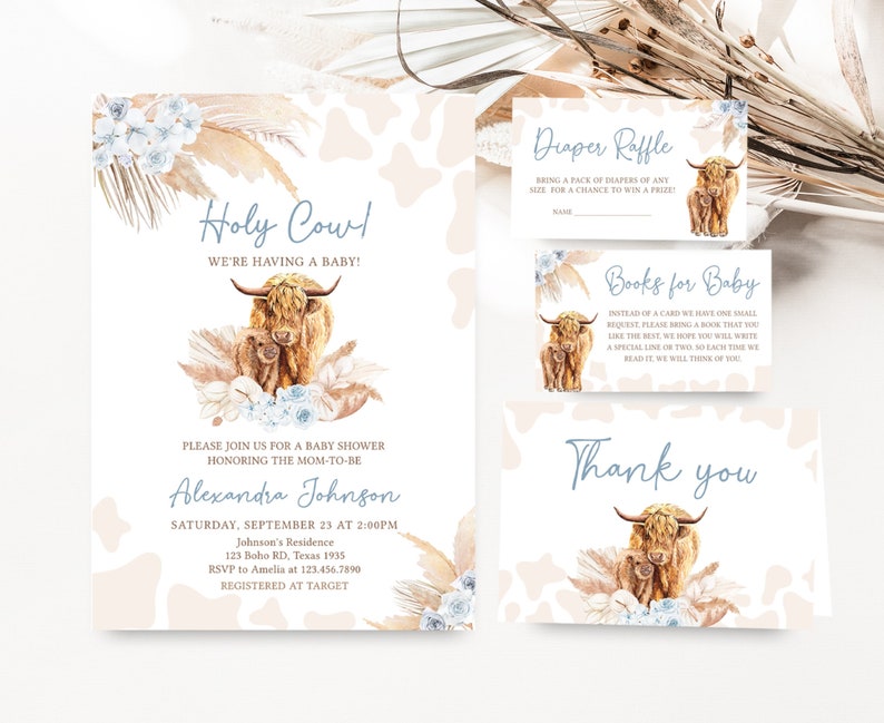 Editable Boho Highland Cow Baby Shower Invitation Bundle, Blue Holy Cow Baby Shower Invite Set, Boy Highland Cow Boho Invitation Pack, 0505 image 1