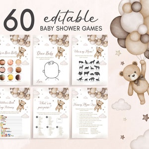 Editable Sign Gender Neutral Bear Baby Shower Games Bundle, We Can Bearly Wait Baby Shower Game Pack, Brown Balloon Bear Baby Shower, 0508