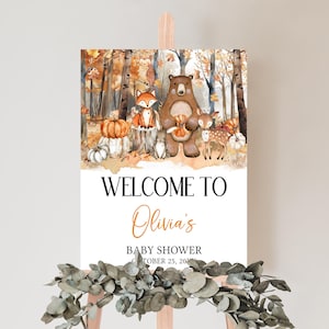 Editable Fall Woodland Baby Shower Welcome Sign, Woodland Animals Autumn Baby Shower Poster, Rustic Pumpkin Forest Baby Shower Sign, 01118