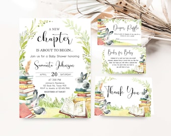 Editable Storybook Baby Shower Invitation Bundle, A New Chapter Baby Shower Invite Set, Gender Neutral Story Book Rabbit Baby Shower, 0714