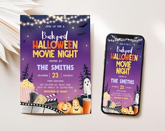 Editable Halloween Party Invitation, Halloween Movie Night Invitation, Backyard Outdoor Movie Night Party Invite, Spooky Movie Party, 15SE
