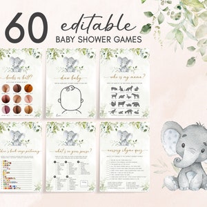 Redigerbart elefant-babyshowerspelpaket, grönt guld elefant-babyshowerspelpaket, könsneutral mall för elefantspel 0340