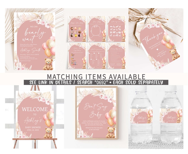 Editable Pink Bear Balloon Baby Shower Welcome Sign, Girl Boho Bear Baby Shower Welcome Poster, We Can Bearly Wait Baby Shower Sign, 0692 image 2