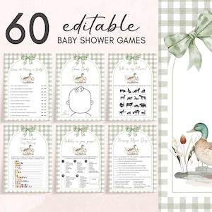 Editable Duck Baby Shower Games Bundle, Mallard Baby Shower Game Pack, Green Gingham Mallard Duck Baby Shower, Boy Duck Hunting Game, 01113