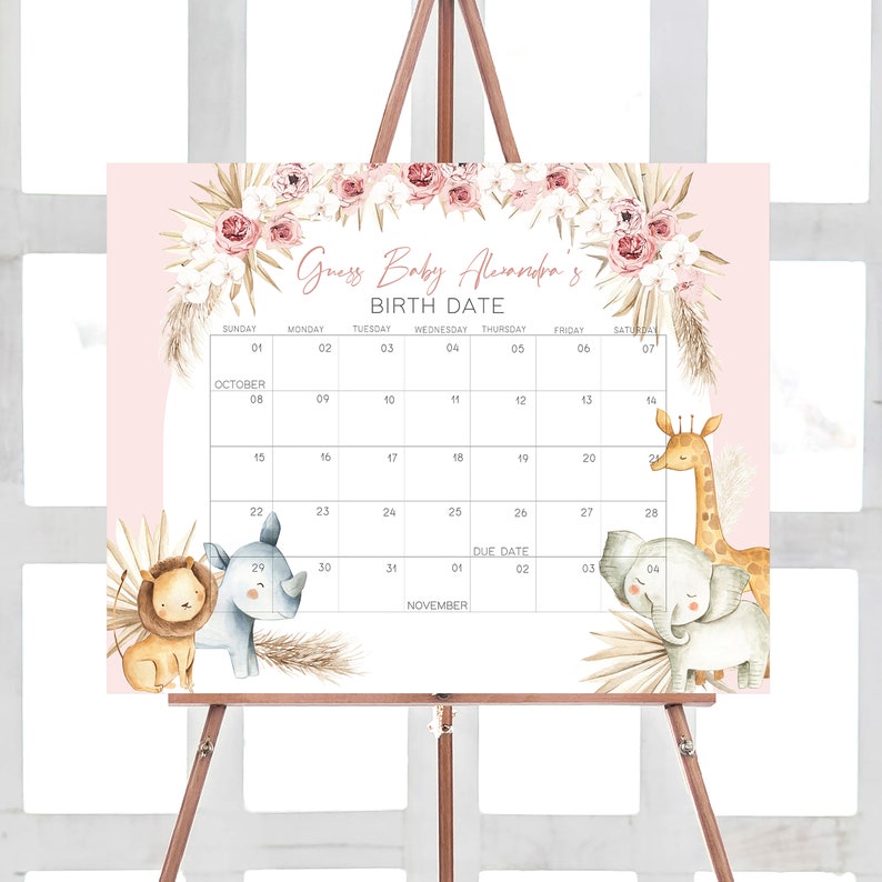 May include: A pink and white baby shower game with a calendar for guests to guess the baby's birth date. The calendar is decorated with floral and animal illustrations, including a giraffe, elephant, lion, and rhinoceros. The text on the calendar reads "Guess Baby Alexandra's Birth Date".