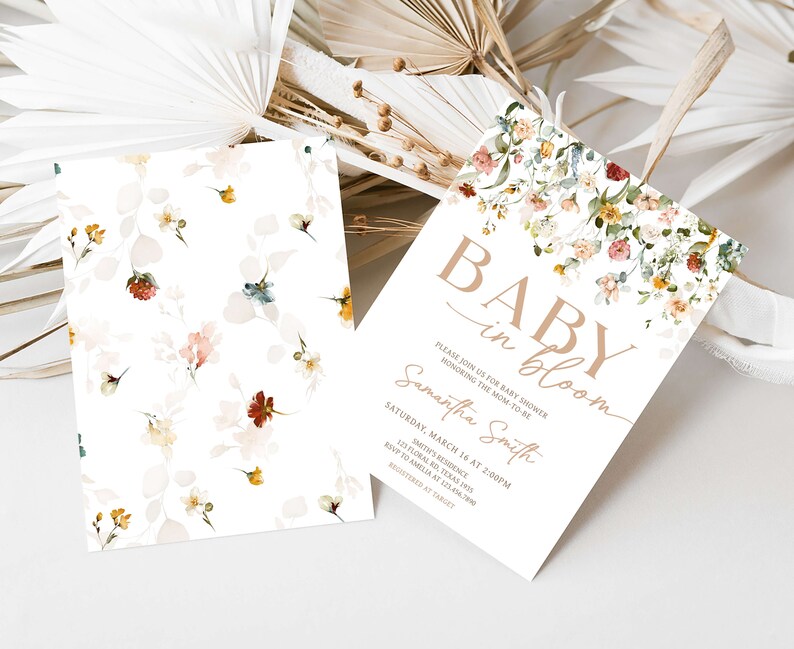 Bewerkbare baby in bloei babyshower uitnodiging, boho lente bloemen babyshower uitnodiging, wilde bloemen lente babyshower uitnodiging sjabloon 0659 afbeelding 2