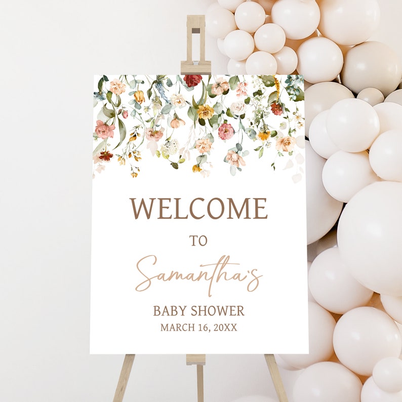 Editable Baby in Bloom Baby Shower Welcome Sign, Boho Spring Floral Baby Shower Welcome Poster, Wildflower Spring Baby Shower Sign, 0659 image 1