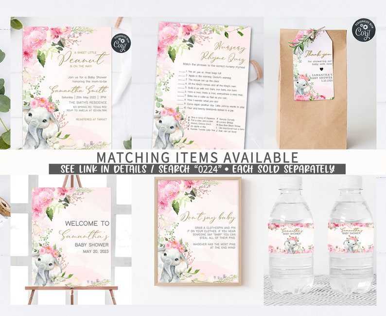 May include: A set of printable baby shower decorations featuring a pink and white floral design with a cute gray elephant. The set includes a welcome sign, a nursery rhyme quiz, a don't say baby game, a favor bag with a tag, and water bottle labels. The text on the welcome sign reads "Welcome to Samantha's Baby Shower May 20, 2023".