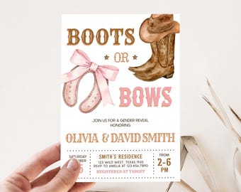 Editable Boots or Bows Gender Reveal Invitation, Western Cowgirl or Cowboy Gender Reveal Party, Rustic Gender Reveal Invitation Template GR5