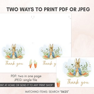 a set of two thank cards with a picture of a bunny holding a carrot