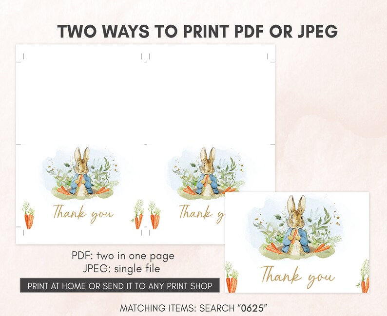 a set of two thank cards with a picture of a bunny holding a carrot