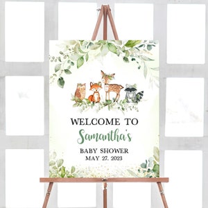 Bewerkbare Woodland Baby Shower welkomstbord, groen bos dieren Baby Shower Welkom poster, Woodland thema afdrukbare sjabloon 0320
