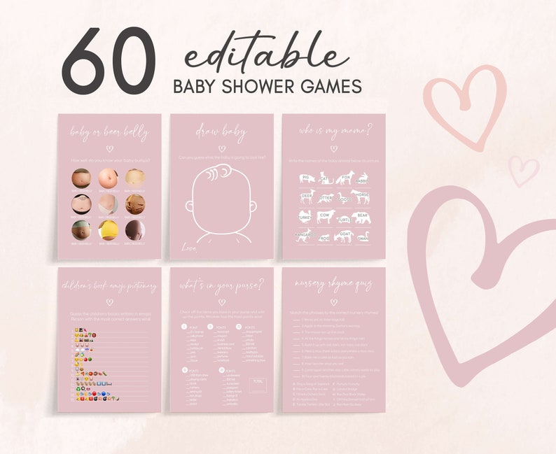 Edytowalny pakiet gier na baby shower walentynkowy, minimalistyczny pakiet gier na baby shower w kształcie serca, różowy zestaw gier na baby shower A Little Sweetheart, 0596 zdjęcie 1