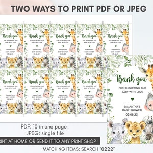 May include: Ten printable thank you cards with a jungle animal theme. The cards feature a giraffe, lion, monkey, zebra, and rhinoceros. The text on the cards reads "Thank you for showering our baby with love."  Samantha's Baby Shower 05.06.23.
