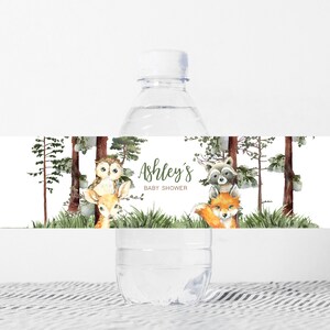 Editable Woodland Baby Shower Bottle Label, Woodland Boy Baby Shower Water Label, Woodland Animals Forest Shower Water Bottle Stickers, 0645 image 1