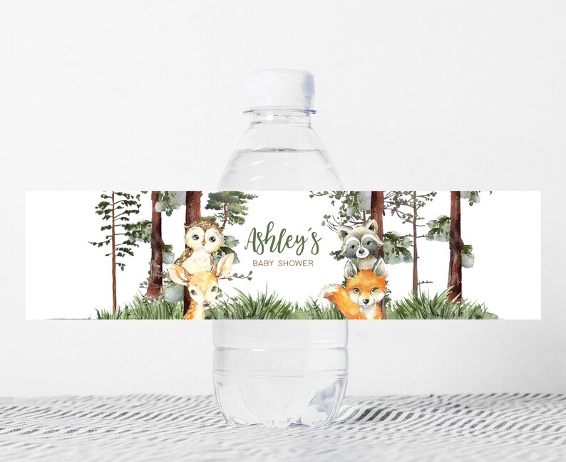 Editable Woodland Baby Shower Bottle Label, Woodland Boy Baby Shower Water Label, Woodland Animals Forest Shower Water Bottle Stickers, 0645 image 1