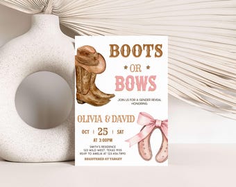 Editable Boots or Bows Gender Reveal Invitation, Western Gender Reveal Invite, Cowboy Cowgirl Gender Reveal Party Invitation Template, GR5