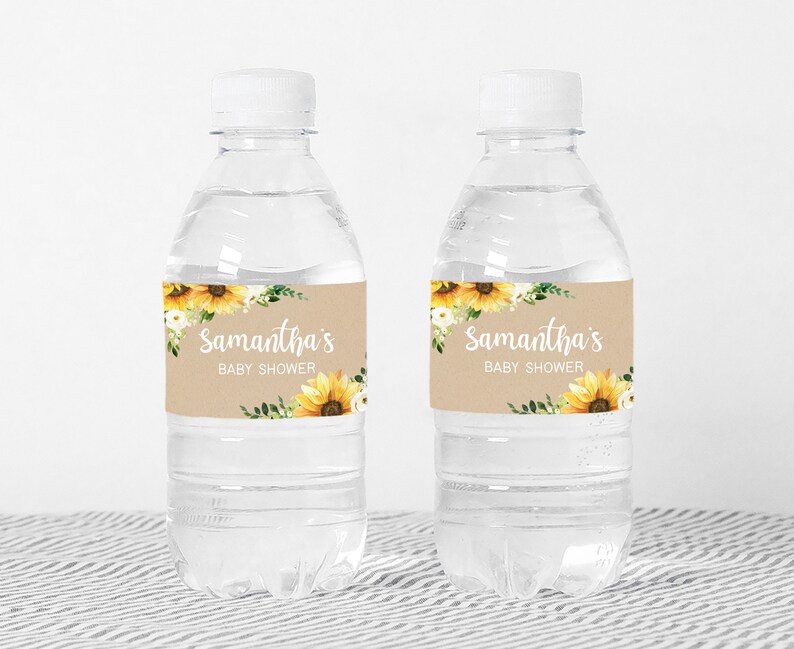 Bearbeitbares Sonnenblumen-Mädchen-Babyparty-Flaschenetikett, rustikales Boho-Babyparty-Wasseretikett, Sonnenblumen-gelbe Blumenwasserflaschen-Aufkleber, 0379 Bild 3