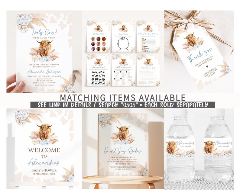 Calendário editável de chá de bebê Boho Highland Cow, calendário de chá de bebê Blue Holy Cow, jogo de chá de bebê Boy Highland Cow Boho, 0505 imagem 2