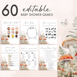 Editable Little Mushroom Baby Shower Games Bundle, Mushroom Fall Baby Shower Game Pack, Enchanted Forest Woodland Baby Shower Template, 0849
