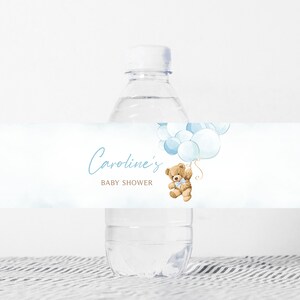 Etiqueta editable de botella de baby shower con globo de oso de niño, etiqueta de agua de baby shower de We Can Bearly, plantilla de pegatina de botella de oso de peluche azul 0421