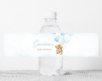 Editable Boy Bear Balloon Baby Shower Bottle Label, We Can Bearly Wait Baby Shower Water Label, Blue Teddy Bear Bottle Sticker Template 0421