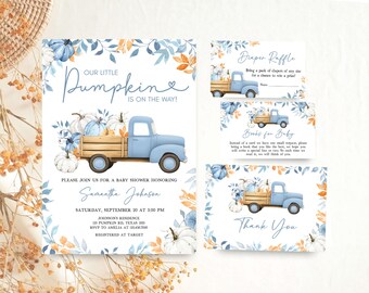 May include: Baby shower invitation set featuring a light blue truck carrying pumpkins. The invitation includes the text "Our Little Pumpkin is on the Way!" and details for the event. Additional cards include "Diaper Raffle," "Books for Baby," and "Thank You."