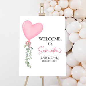 Panneau de bienvenue modifiable pour la Saint-Valentin, ballon coeur rose, affiche de bienvenue pour baby shower, signe de baby shower fille petite chérie, 0589