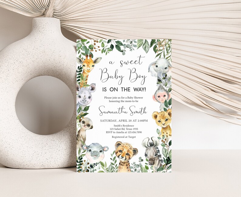 Editable Safari Baby Shower Invitation, Sweet Baby Boy Jungle Baby Shower Invite, Greenery Safari Animals Boy Baby Shower Invitation, 0678 image 1