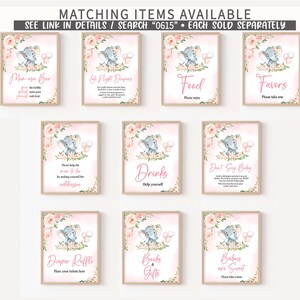 May include: A set of 9 printable baby shower signs featuring a cute gray elephant with pink flowers and balloons. The signs include titles like "Mimosas Bar", "Late Night Diapers", "Food", "Favors", "Drinks", "Don't Say Baby", "Diaper Raffle", "Books & Gifts", and "Babies are Sweet".