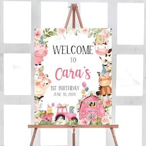Signo de bienvenida de cumpleaños de granja editable, cartel de bienvenida de cumpleaños de corral rosa, primer signo de fiesta de cumpleaños de animales de granja de niñas, granero floral 321BD