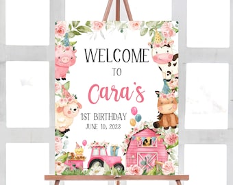 Editable Farm Birthday Welcome Sign, Pink Barnyard Birthday Welcome Poster, Girl Farm Animals First Birthday Party Sign, Floral Barn 321BD