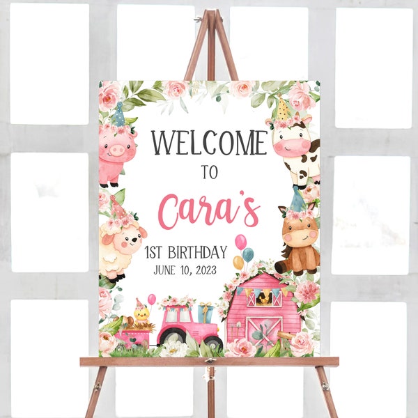 Editable Farm Birthday Welcome Sign, Pink Barnyard Birthday Welcome Poster, Girl Farm Animals First Birthday Party Sign, Floral Barn 321BD