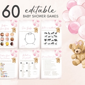 Editable Girl Bear Balloon Baby Shower Games Bundle, We Can Bearly Wait Baby Shower Game Pack, Pink Teddy Bear Baby Shower Games Set 0422