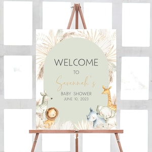 Editable Boho Safari Baby Shower Welcome Sign, Safari Jungle Baby Shower Welcome Poster, Hello Baby Boho Jungle Animals Sign Template 0393