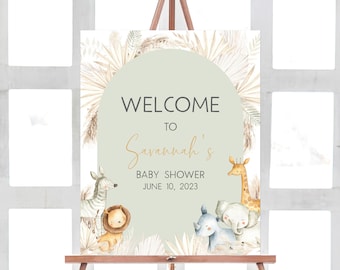 Editable Boho Safari Baby Shower Welcome Sign, Safari Jungle Baby Shower Welcome Poster, Hello Baby Boho Jungle Animals Sign Template 0393