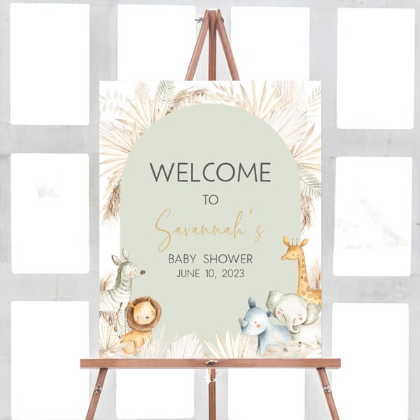 Panneau de bienvenue modifiable pour baby shower bohème safari, affiche de bienvenue de baby shower safari jungle, bonjour bébé Boho jungle animaux signe modèle 0393