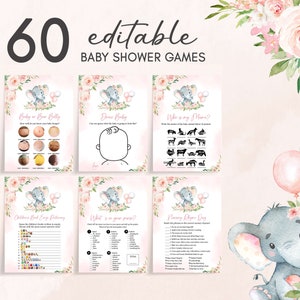 Editable Pink Elephant Baby Shower Games Bundle, Girl Elephant Balloon Baby Shower Game Pack, Pink Balloon Girl Baby Shower Games Set, 0615 image 1
