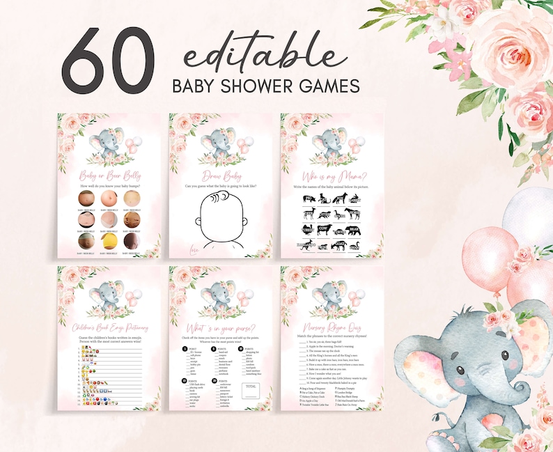 Editable Pink Elephant Baby Shower Games Bundle, Girl Elephant Balloon Baby Shower Game Pack, Pink Balloon Girl Baby Shower Games Set, 0615 image 1